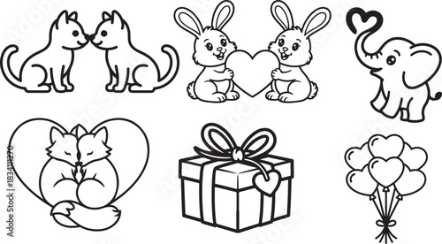 Monochrome line art of animal couples and gift box for love and affection themes