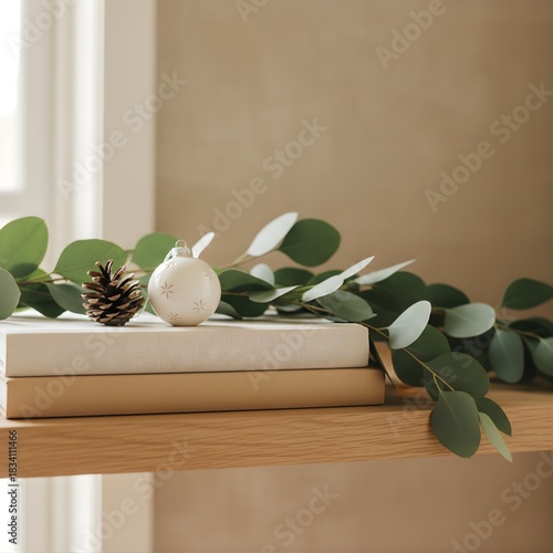 Elegant Holiday Still Life with Eucalyptus Garland and Linen Books