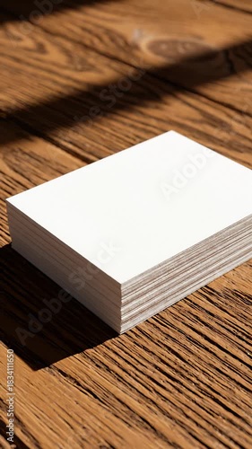 Stack of White Paper on Wooden Table in Natural Light, Close Up