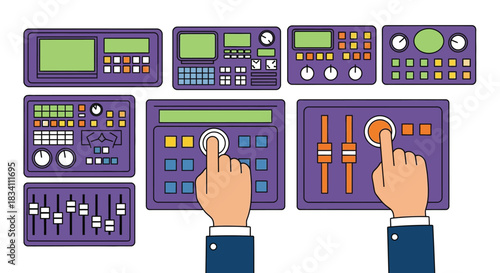 Vector illustration of sound control panels and human hands using it