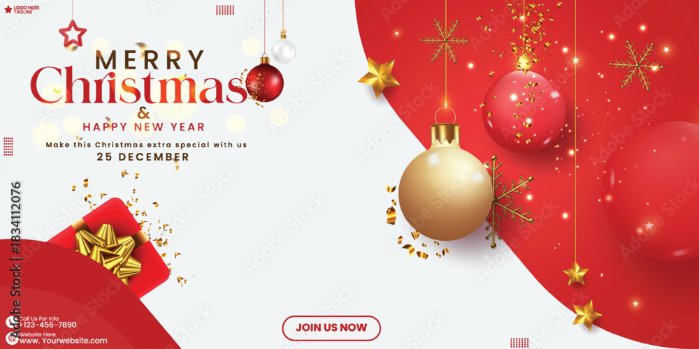 Naklejka premium Minimal Red and White color Christmas social media poster design template. Luxury Christmas festival illustration design vector with Xmas tree, 3D ball, snow, star, and light effect. Christmas banner