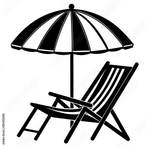 Black and white illustration of a beach umbrella and lounge chair
