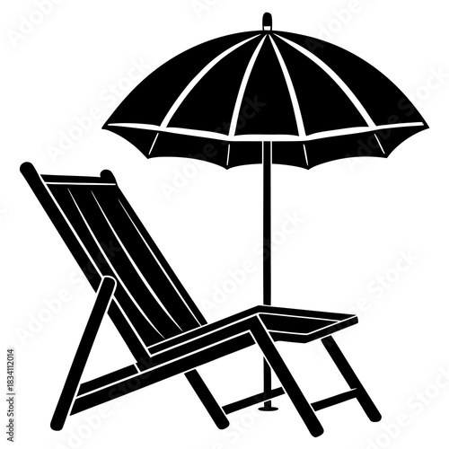 Black silhouette of a beach chair and umbrella on a white background