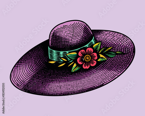 Vintage style wide brim straw hat decorated with a pink flower and green ribbon