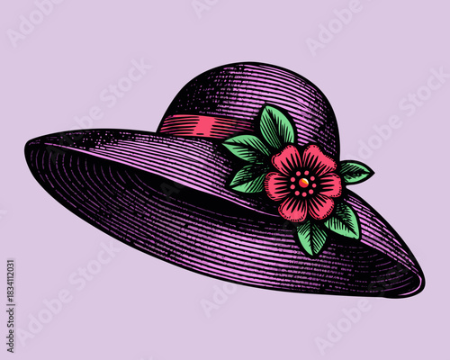 Vintage wide brim hat with a pink flower and green leaves