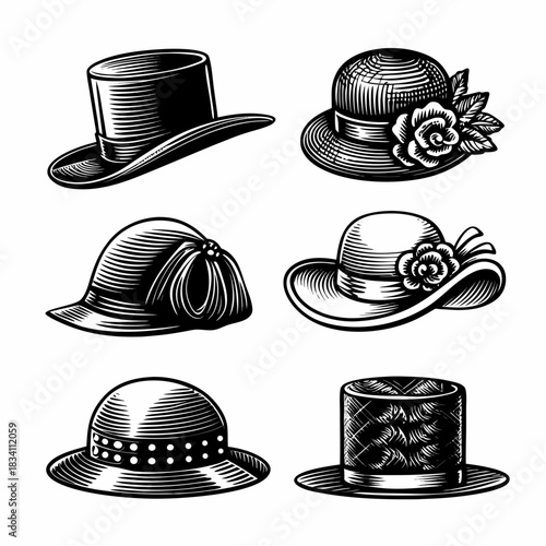 Vintage hat collection engraving style illustrations