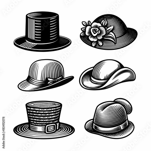 Collection of six vintage engraved style hats on a white background