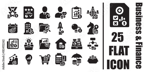 Business and finance flat black icon set of 25 glyphs with money growth banking payment insurance startup and management symbols 