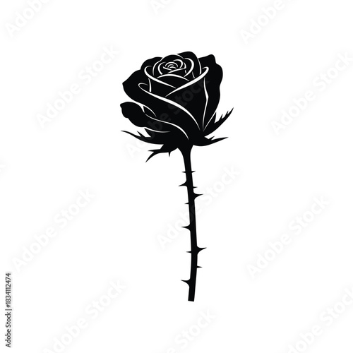 Single black rose silhouette with thorns silhouette