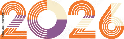2026 abstract vector, concentric line design, segmented digits, modern layout, colorful gradient, pie-chart style zero, futuristic theme, dynamic composition