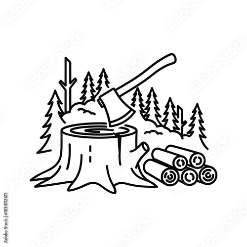 Axe in Tree Stump with Logs and Forest Background Line Art