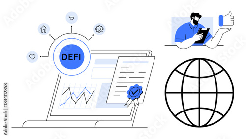 Blockchain technology, global finance, decentralized economy, digital assets, online transactions, data security. Laptop with DEFI diagram, user interaction globe. Blockchain and global finance