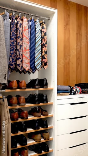 Organized Closet Displaying Suits, Ties, and Shoes on Shelves