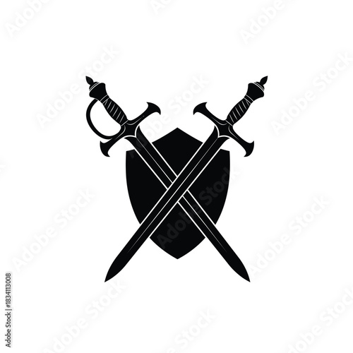 Two crossed swords and shield emblem silhouette