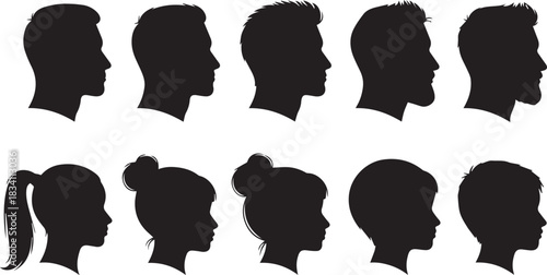 Diverse Head Silhouette Collection Representing Different Genders and Age Groups