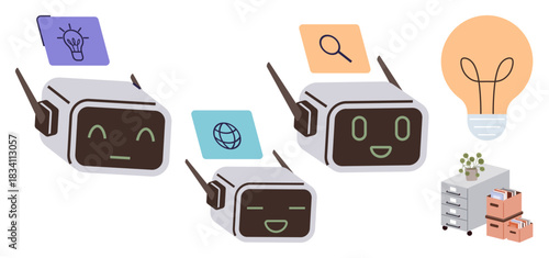 AI robots with cheerful expressions interacting with idea, research, and global elements near desk, filing cabinets, light bulb. Ideal for AI, technology, teamwork, creativity research innovation