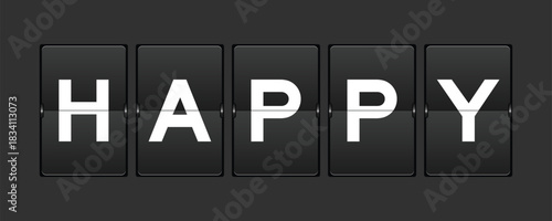 Black color analog flip board with word happy on gray background