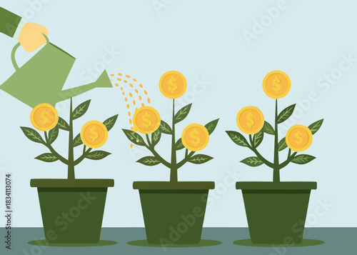 Hand watering money trees in pots to grow wealth and investment