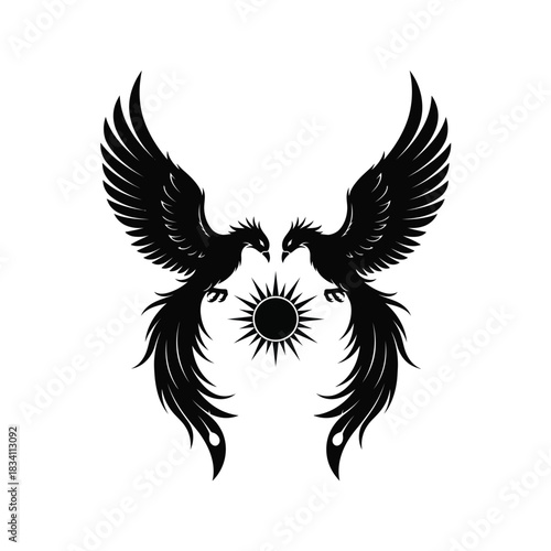 Two majestic phoenix birds facing each other silhouette