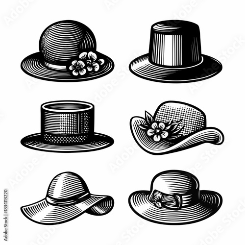 Collection of vintage hats in engraving style