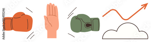 Boxing gloves suggesting conflict, hand indicating resolution, rising chart for growth, cloud as abstract base. Ideal for competition, conflict resolution, negotiation, development, growth teamwork