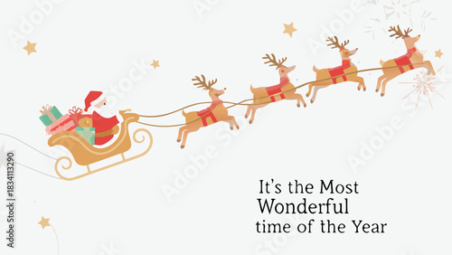 Santa claus flying in his sleigh pulled by reindeer with gifts and the text it s the most wonderful time of the year