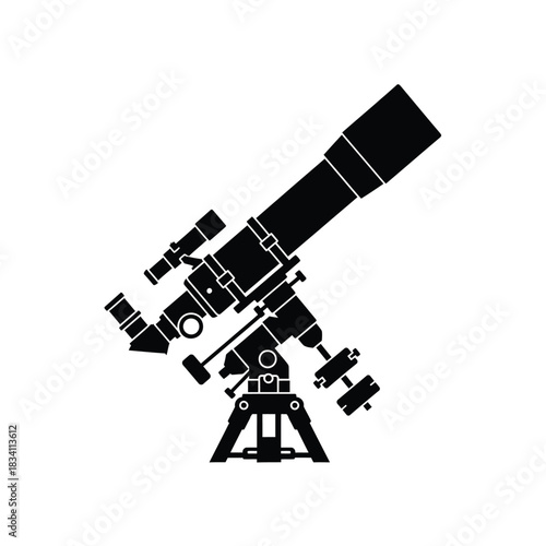 A black silhouette of a telescope on a tripod mount