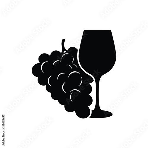 A black silhouette of grapes and a wine glass