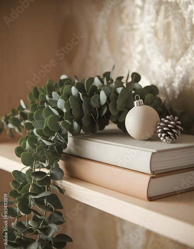 Airy Minimal Christmas Decor with Eucalyptus and Light Oak Shelf 