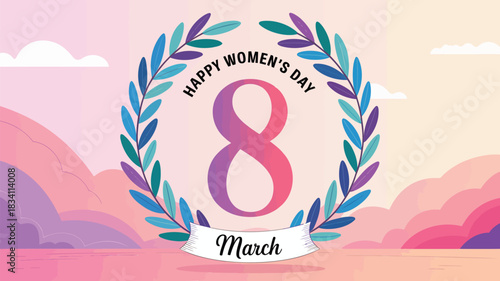 Happy womens day celebration graphic with a large number 8 and floral wreath design