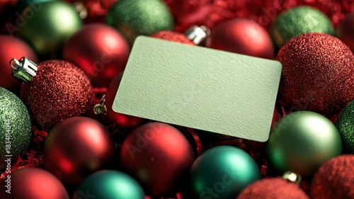 Colorful Christmas ornaments with green chromakey blank card, camera zooms in for festive decoration