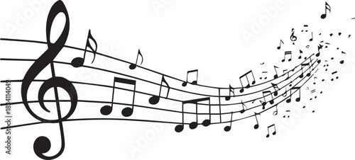Musical score with flowing notes and elegant clef in monochrome style