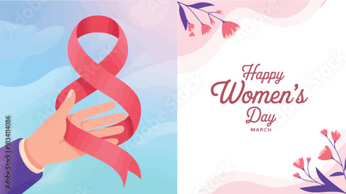 Hand holding a pink ribbon shaped like the number eight for international womens day celebration