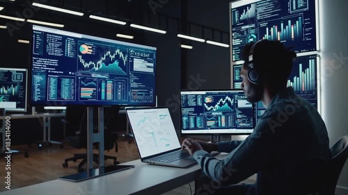 Data analyst working late at night in a modern office surrounded by multiple screens displaying charts and statistics