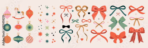 Christmas Ornaments. Illustrations of new year balls, toys. Christmas tree decor. Winter December decoration. Patterns: stripes, stars, sparkles. Bows set. Christmas elements. New year background