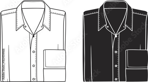 Black and white outline illustrations of folded button-down shirts Keywords: shirt, button-down shirt, collared shirt, long