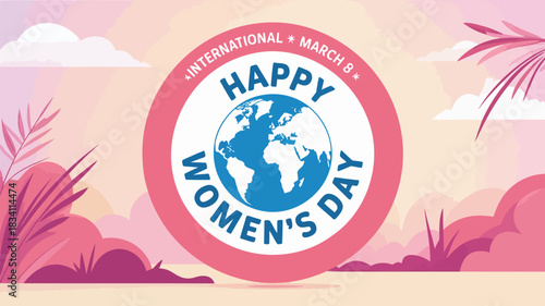 Happy international womens day march 8th celebration greeting card with earth globe and floral elements