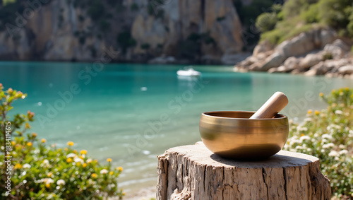 Bronze Singing Bowl on Tree Stump with Scenic Lake and Mountain Landscape