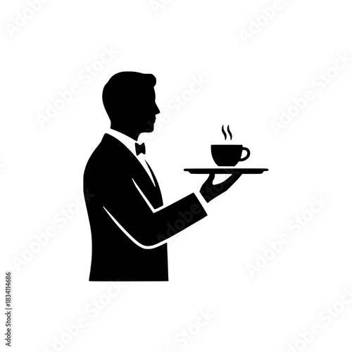 Elegant waiter silhouette serving hot beverage, perfect for hotel or restaurant branding