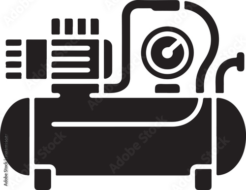 Air compressor vector icon with pressure gauge and motor on a tank, industrial equipment symbol.