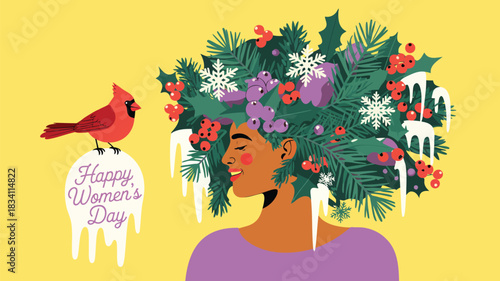 Woman with festive winter hair adorned with holly berries pine needles snowflakes and a cardinal perched on a happy womens day sign