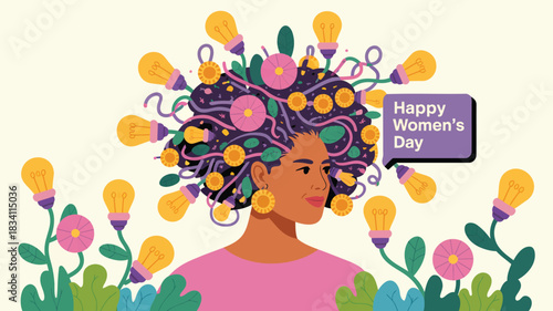 Creative woman with light bulbs in her hair celebrating international womens day with flowers and ideas
