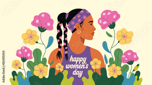 Happy womens day illustration of a woman with braided hair and flowers celebrating female empowerment and spring