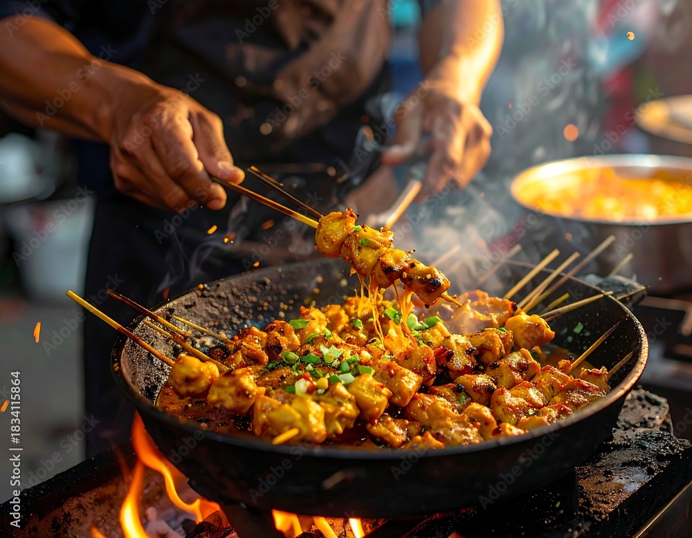 Fototapeta premium Close-up of street food skewers cooking over open flames, smoke rising