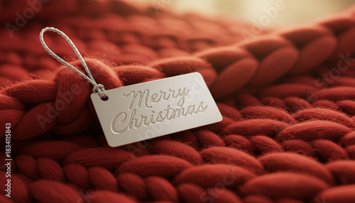 銀のギフトタグが置かれた赤いチャンキーニットのブランケット 素材感