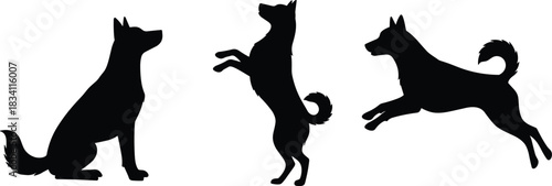 Silhouette of dog sitting, standing, and jumping, pet action vector set showing canine poses for agility, training, and design elements