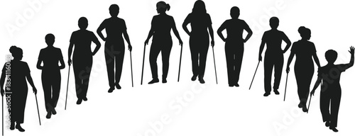 Silhouette of elderly women with walking canes, showing mobility and independence, aging gracefully, active senior lifestyle, health and wellness, aging process