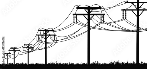 Silhouette of electric poles with power lines, energy transmission infrastructure, rural utility network, voltage distribution, electricity pylon background design