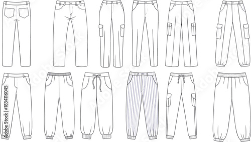 Collection of illustrated pants styles with elastic waistbands and cargo pockets Keywords: pants, trousers, cargo pants, joggers