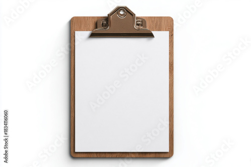 Blank clipboard with white paper on a white background, top view. clipboard is perfect for mockups, presentations, or any project needing a clean, professional look.